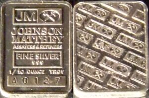 Front and back of Johnson Matthey 1/10 oz silver bar. Front stamped Fine Silver 999 with serial number. Back stamped with repeating JM crossed hammers logo.