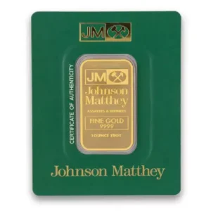Front of Johnson Matthey 1 oz gold bar, sealed in green assay card